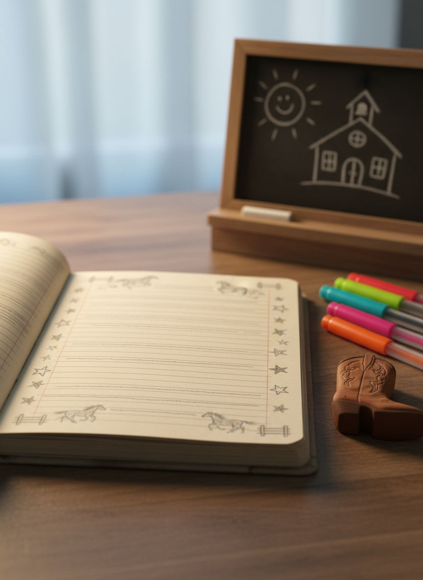 A close-up, photographic image of an open spiral notebook on a slightly worn wooden desk, its wide-ruled pages filled with neatly spaced pencil lines and small doodles of stars, horses, and ranch fences in the margins, but no legible words. Brightly colored gel pens and a chunky eraser shaped like a cowboy boot lie beside it. In the background, softly blurred, sits a small chalkboard on a shelf with whimsical chalk drawings of a sun and a tiny schoolhouse, again with no readable text. Warm indoor lamp light combines with faint natural light from a window, producing a cozy, after-school journaling vibe. Shot from a low, angled perspective with shallow depth of field for an intimate, reflective mood.