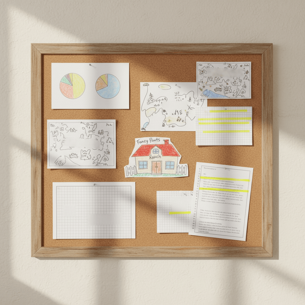 An orderly bulletin board made of cork with a rustic wooden frame, mounted on a light-colored wall in a bright study nook. Pinned to the board are various elementary-level school papers: colorful pie charts, simple hand-drawn maps, math worksheets, and short printed paragraphs with key sentences highlighted, all carefully cropped or angled so no readable text appears. A small paper cutout of a cartoon ranch house and fence adds a Fancy Pants Ranch touch. Soft morning sunlight washes across the board from the left, creating subtle texture in the paper and casting tiny pin shadows. Photographic realism, shot straight-on with sharp focus, creating a cheerful, organized, back-to-school atmosphere.