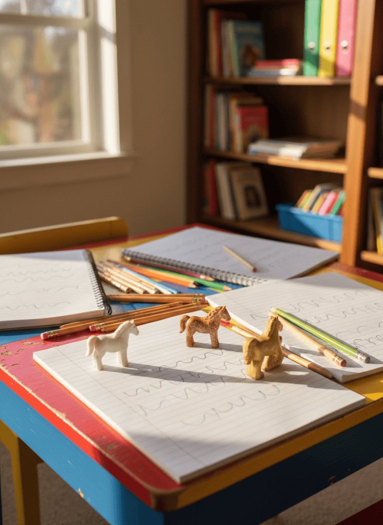 A colorful wooden schoolhouse-style desk table scattered with open composition notebooks, freshly sharpened pencils with bright erasers, and a few whimsical horse-shaped erasers, symbolizing Fancy Pants Ranch. The desk sits in a cozy corner of a sunlit home classroom with soft golden afternoon light streaming through a nearby window, casting gentle shadows on the ruled pages filled with handwritten lines (no legible words). In the blurred background, bookshelves hold neatly arranged children’s chapter books and binders. Captured in photographic realism from a slightly elevated angle with a shallow depth of field, the mood is playful, curious, and inviting, perfectly embodying an elementary school year in progress without showing any people.