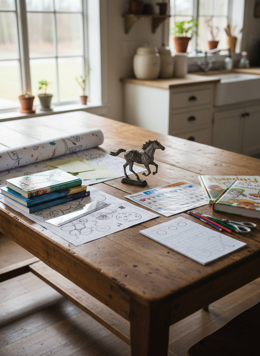 A sturdy wooden farmhouse table in a cozy dining-room-turned-schoolroom, its surface covered with two distinct sets of school supplies: on one side, more advanced 4th grade materials like a detailed science diagram, a ruler, and a stack of chapter books; on the other, simpler 2nd grade items such as big-lined handwriting paper, a colorful counting chart, and picture books. All pages show graphics or partial lines only, with no readable words. A small decorative metal horse figurine sits between the two work areas, hinting at Fancy Pants Ranch. Soft, overcast daylight filters in from a nearby window, creating a calm, focused mood. Photographic realism, eye-level composition, with gentle background blur of a homely kitchen space.